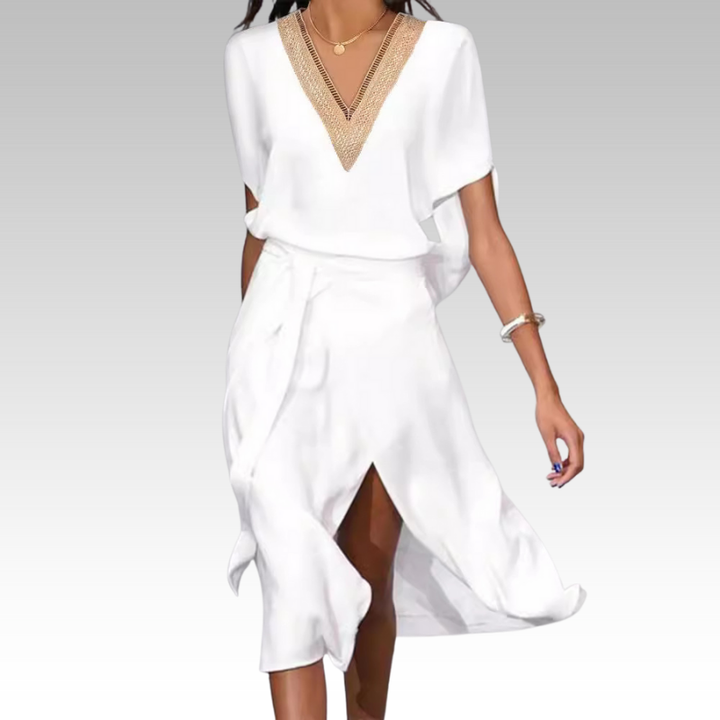 Eileen | Modernes weißes Midi-Kleid mit V-Ausschnitt