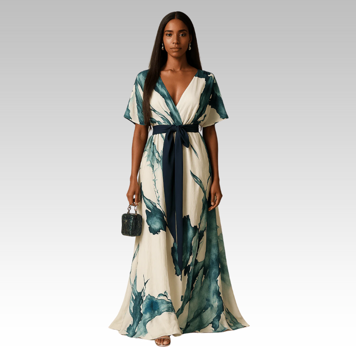 Eleni | Lange Robe mit Aquarellmuster