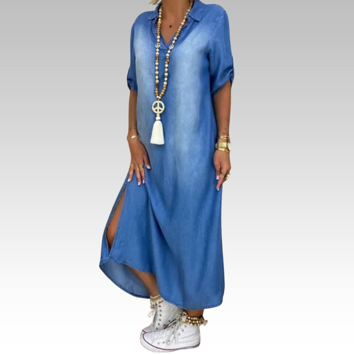 Ottilia | Sommer V-Ausschnitt Halb Denim Kleid
