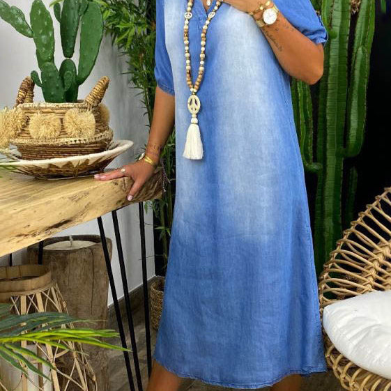 Ottilia | Sommer V-Ausschnitt Halb Denim Kleid
