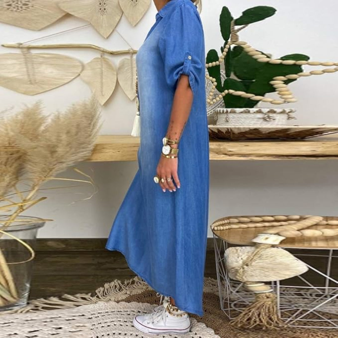 Ottilia | Sommer V-Ausschnitt Halb Denim Kleid