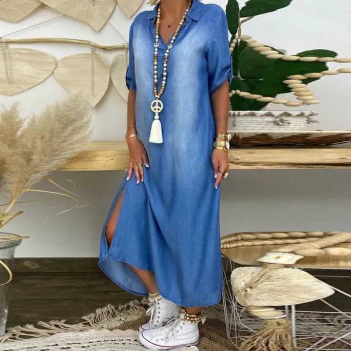 Ottilia | Sommer V-Ausschnitt Halb Denim Kleid