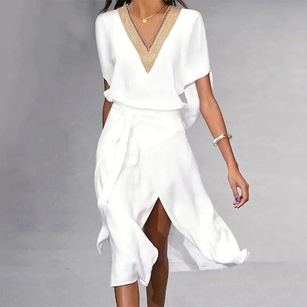 Eileen | Modernes weißes Midi-Kleid mit V-Ausschnitt