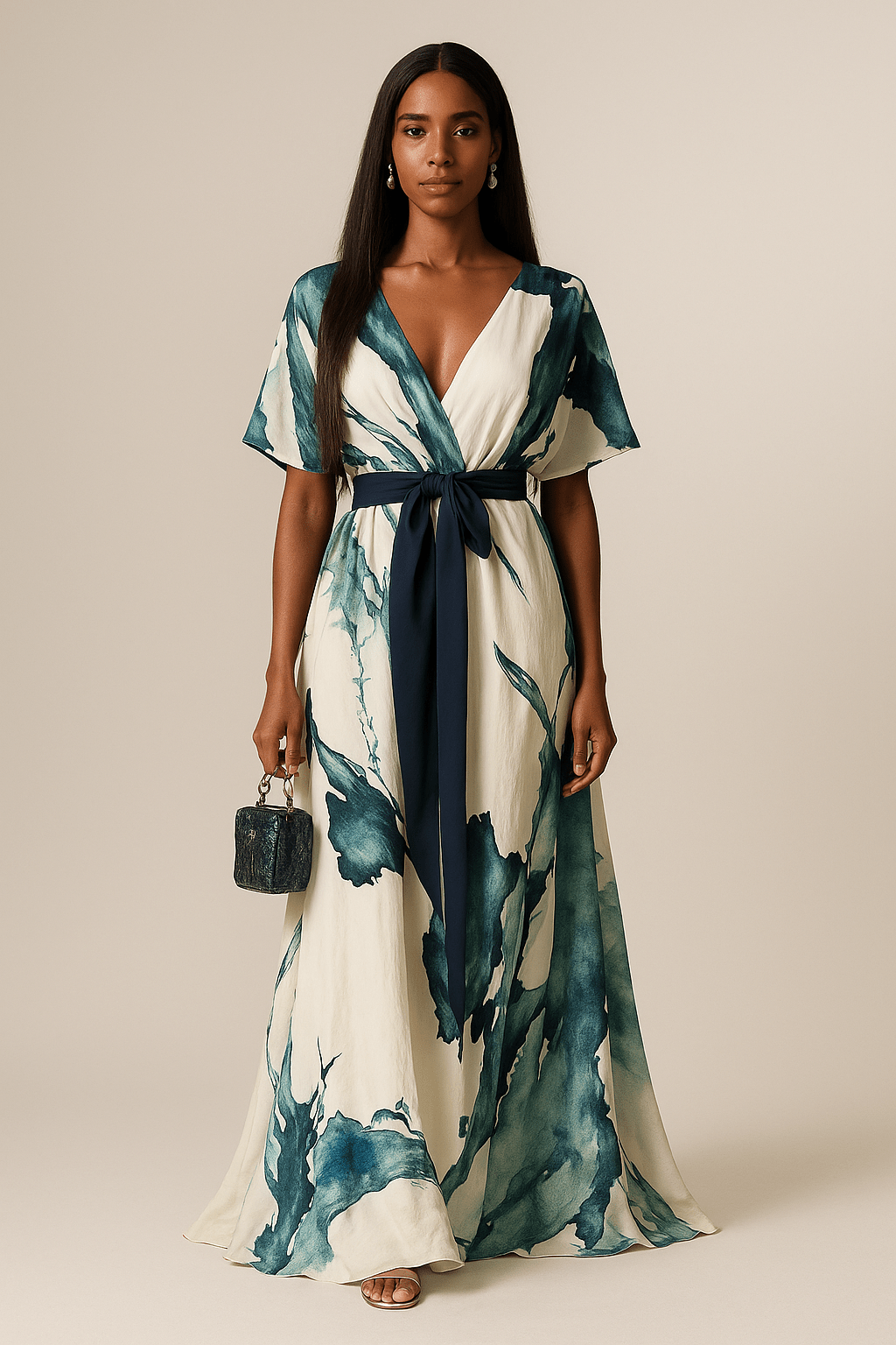 Eleni | Lange Robe mit Aquarellmuster