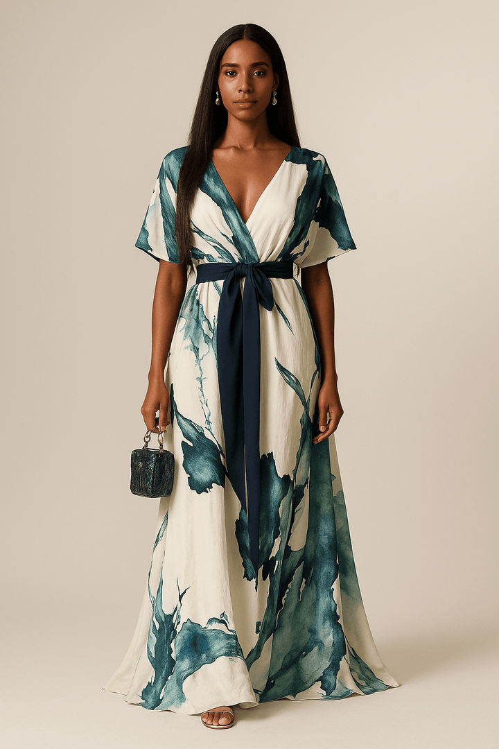 Eleni | Lange Robe mit Aquarellmuster