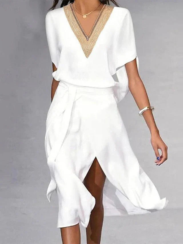 Eileen | Modernes weißes Midi-Kleid mit V-Ausschnitt